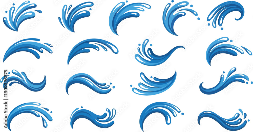 Fototapeta premium Various blue water splashes and waves abstract design elements on transparent background clean shapes stylized liquid motion dynamic art