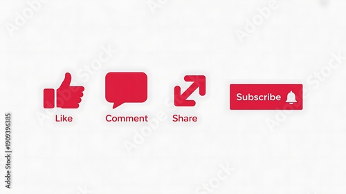 Social media icons, subscribe button, like comment share symbols, red on white background, web and mobile app interface elements