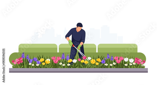 Gardener Trimming Flowers in Vibrant Spring Garden - Flat Illustration