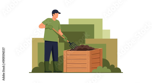 Gardener Turning Compost in Wooden Bin, Organic Gardening, Sustainable Lifestyle