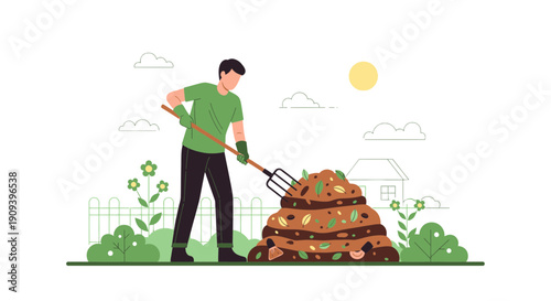 Gardener Turning Compost Pile with Pitchfork, Sustainable Living, Organic Gardening