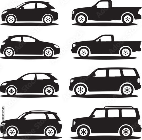 black silhouettes of various cars and trucks side view