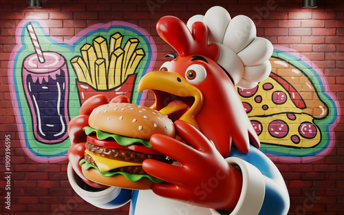A cartoon chicken mascot holding a large hamburger in front of a graffiti wall with fast food images.