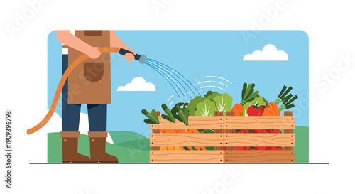 Gardener Watering Fresh Vegetables in Wooden Crate - Healthy Organic Harvest