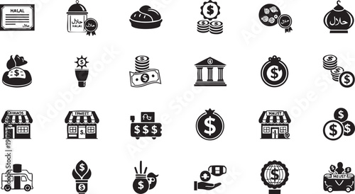 Islamic Finance and Halal Certification Icon Set - Black Silhouette Symbols for Sharia Banking and Muslim Business