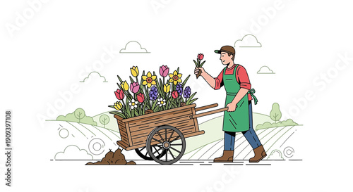 Gardener with Wheelbarrow Full of Spring Flowers, Rural Farm Landscape Illustration
