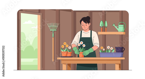 Gardener woman planting flowers in pots, spring gardening, flat vector illustration