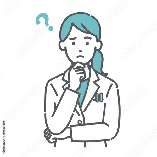 疑問を持つ女性医師・薬剤師のイラスト（困り顔・ハテナマーク）
