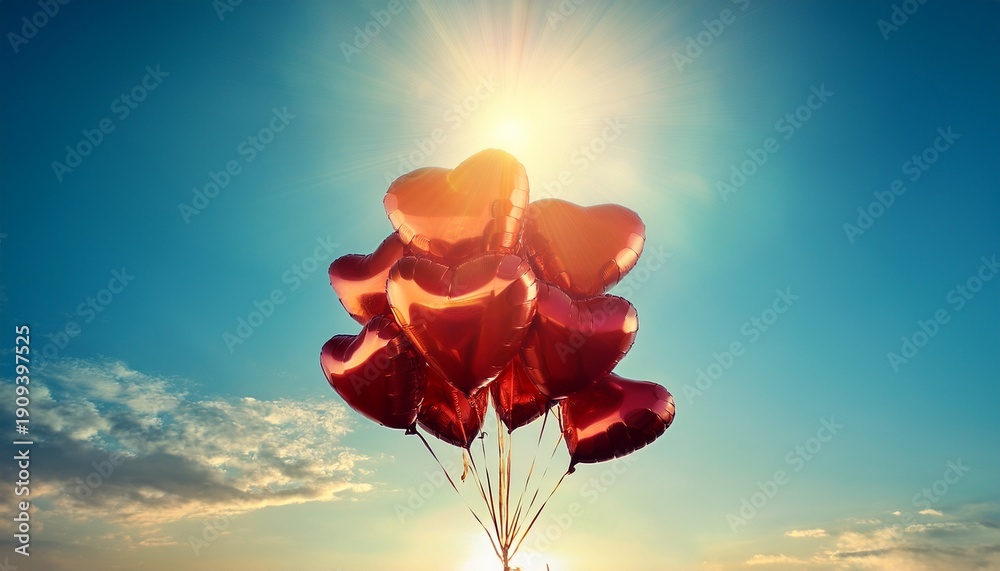 Fototapeta premium Festive heart shaped balloons for valentine's day against sunlight