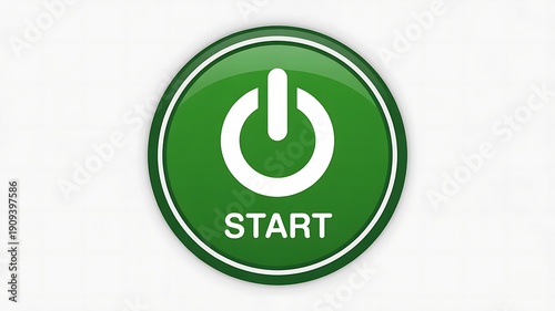 A vibrant green button with a white power symbol and the word start beneath it.