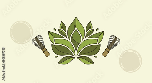 Green Lotus Floral Illustration with Matcha Whisk Tools and Circles