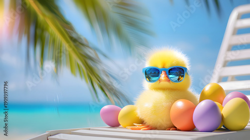 A chicken in sunglasses relaxes on a lounge chair next to Easter eggs, a palm tree, and a bright sky—a cheerful vacation scene with a summery, festive feel