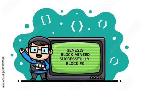 Cartoon programmer celebrating successful Genesis Block mining on vintage computer