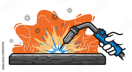 Hand holding welding torch with sparks flying everywhere in vibrant colors