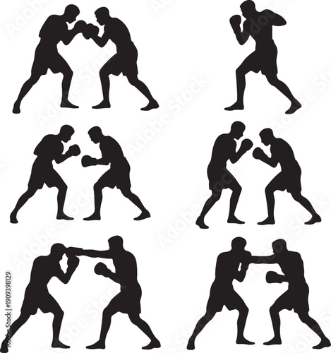 black silhouettes of boxers in various fighting poses on white background