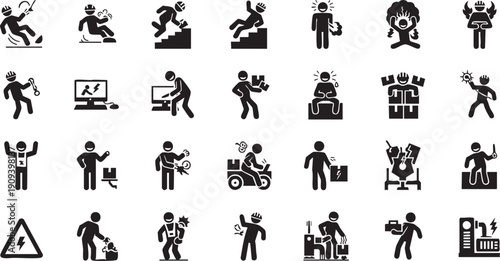 Industrial Safety and Workplace Accident Icon Set - Black Silhouette Symbols for Risk Warning and HSE Compliance
