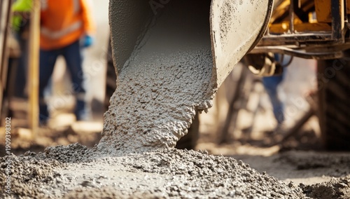 Concrete Being Poured from a Construction Truck at a Building Site with Workers in Safety Gear in the Background During the Daylight Hours