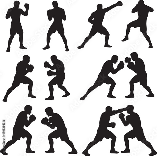 black silhouettes of boxers in various fighting poses on white background