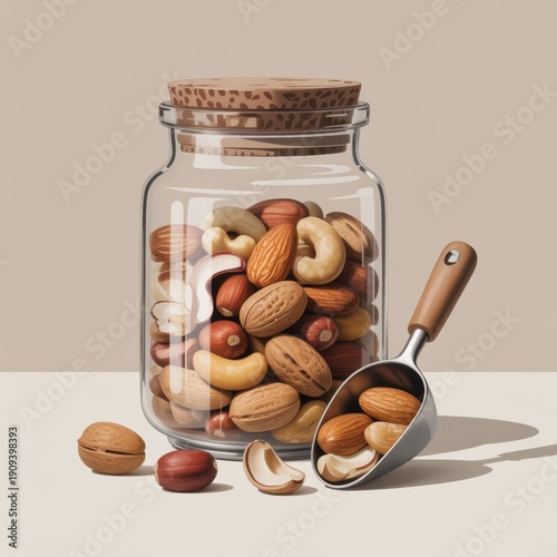 Glass jar filled with assorted nuts including almonds, cashews and hazelnuts on light surface with metallic scoop and wooden handle, minimalist background highlights healthy snacking and natural food 