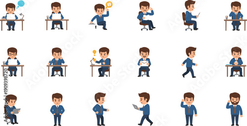 Businessman Character Set - Office Worker Poses and Emotions for Corporate Presentation and Professional Workflow Illustration