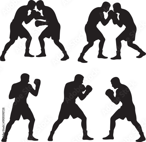 Black silhouettes of boxers in various fighting poses on white background
