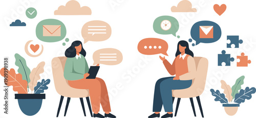 Professional Mentorship and Counseling Illustration - Women Discussing Goals with Communication and Heart Icons