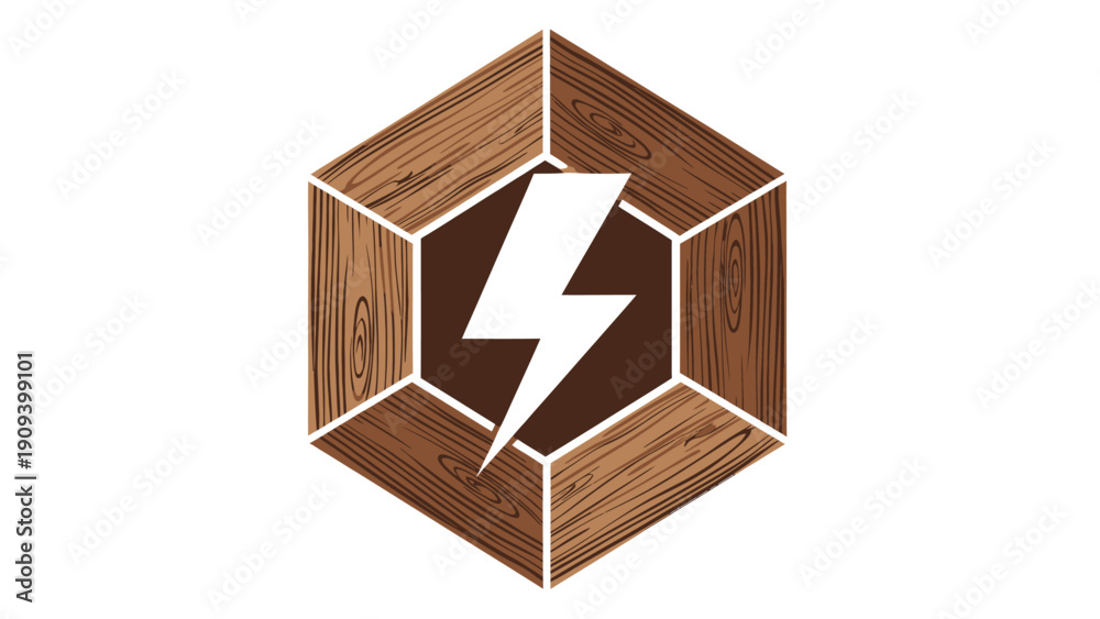 Obraz premium Hexagonal logo with wood grain panels surrounding a brown hexagon and white lightning bolt