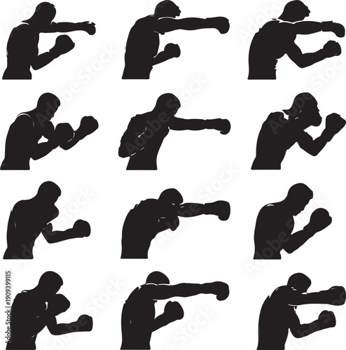 black silhouettes of boxers in various fighting poses on white background