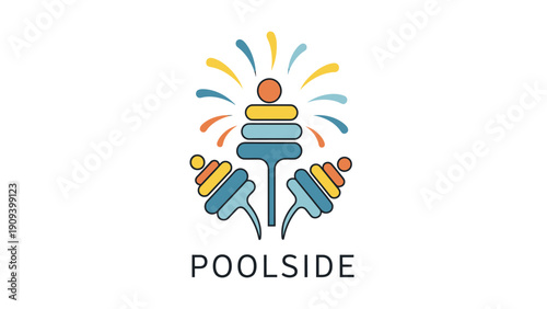 Colorful, abstract pool-themed logo featuring stacked shapes, stylized elements, and text "POOLSIDE