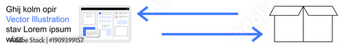 Data exchange, file sharing, e-commerce packaging, logistics, digital workflow, storage solutions. Website interface linked to an open box with arrows. Data exchange and file sharing concept