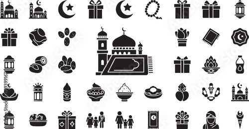 Islamic Ramadan and Eid Icon Collection - Black Silhouette Symbols for Mosque, Lantern, Zakat, and Muslim Culture
