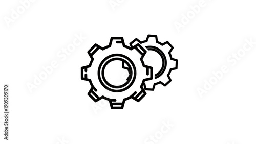 Two black gears interlocked, isolated on a white background, minimal and modern style