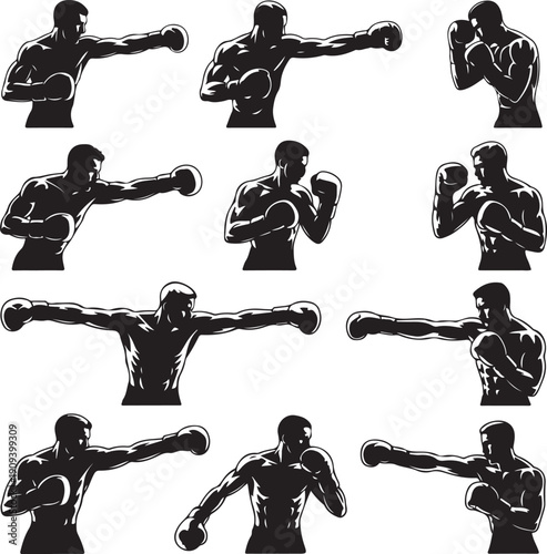 black silhouettes of boxers in various fighting poses on white background
