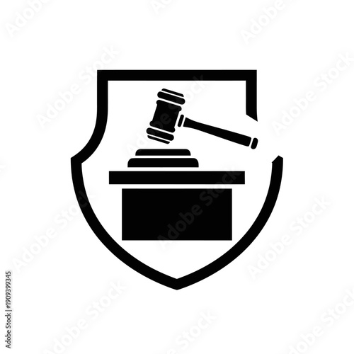 Black and white illustration of a gavel on a stand inside a shield shape