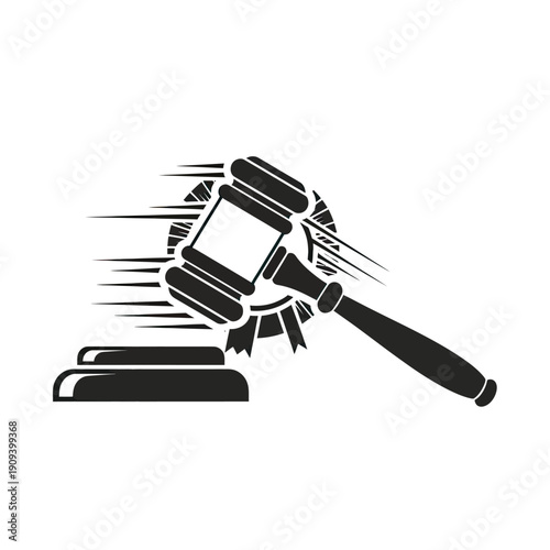 A gavel image with speed lines, emblem, and base, representing fast judgment