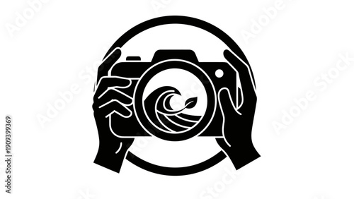 Silhouette illustration depicts a camera held by hands, with lens revealing an organic design