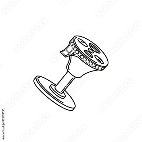 Black and white line art depicting a tilted object with a circular base