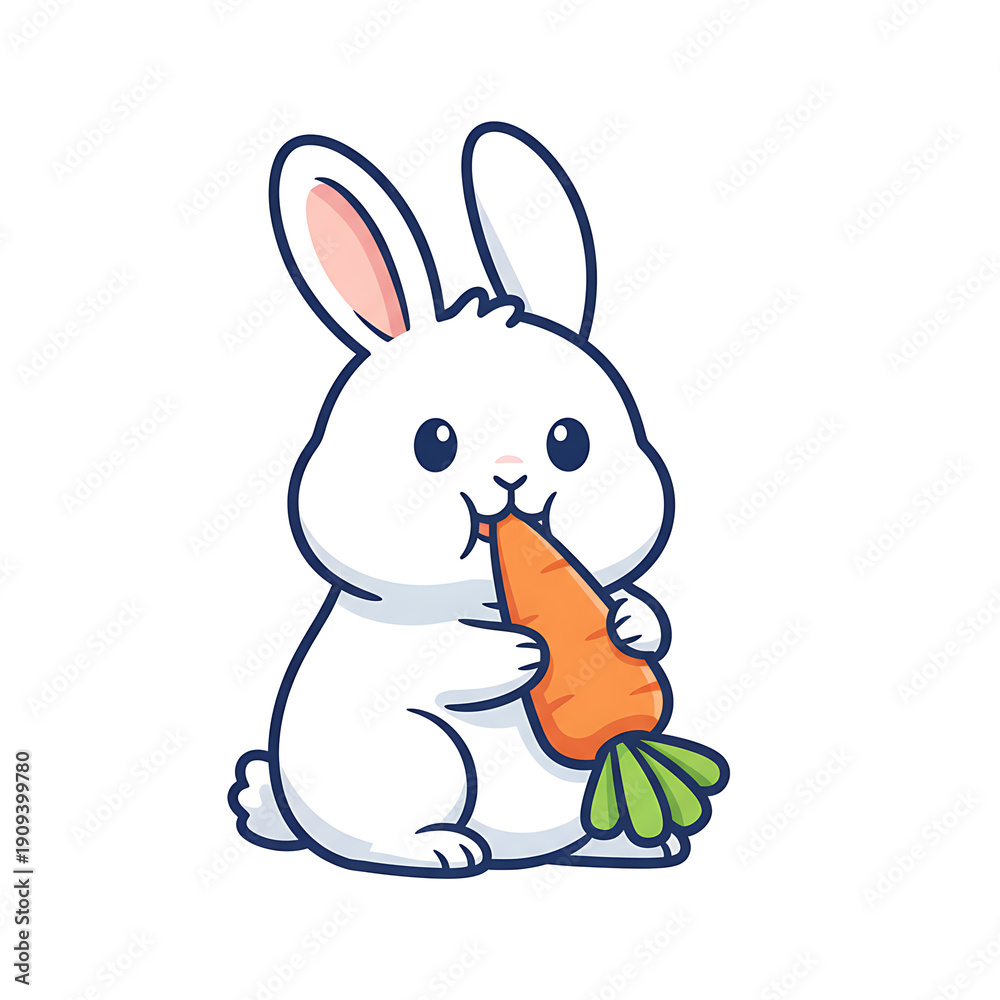 Fototapeta premium Cute white rabbit eating a tasty carrot with green leaves