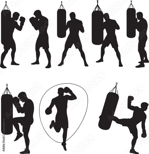 black silhouettes of boxers in various fighting poses with punching bags