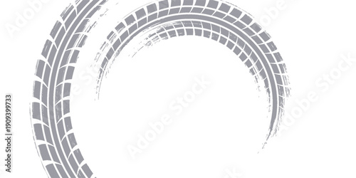 Tire track. Car, bike, motorcycle tyre mark with grunge effect isolated on white background. Wheel footprint on the road. Top view of rubber protector mark.