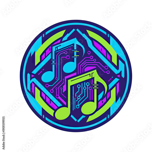 A circular design featuring musical notes integrated with circuit board elements in bright colors