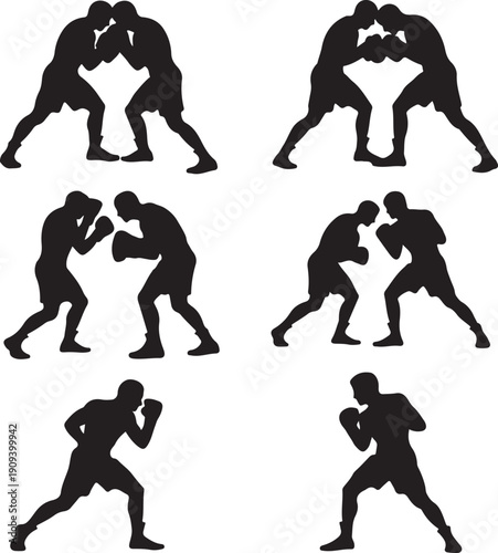 black silhouettes of boxers in various fighting poses