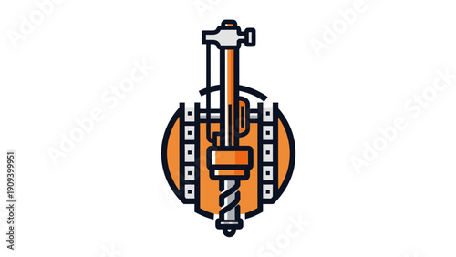 Stylized drilling machine illustration, orange and grey, on a white background