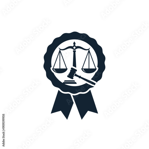 Dark blue emblem features scales of justice and gavel within a rosette with ribbon