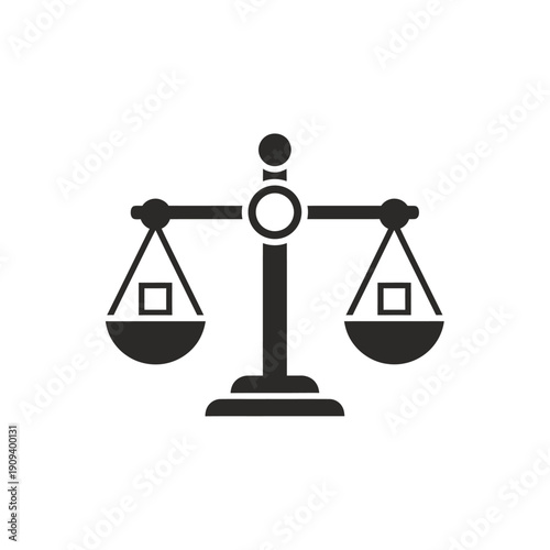 A balanced, stylized scales of justice icon, dark against white background