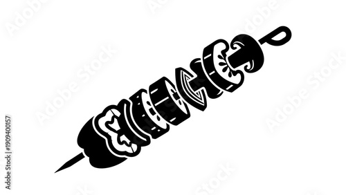 Black and white illustration of skewered vegetables including bell pepper, zucchini, and mushroom