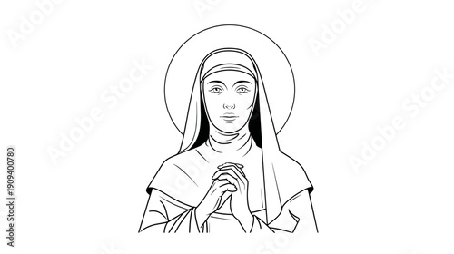 nun black and white illustration of mother of jesus maria isolated on white