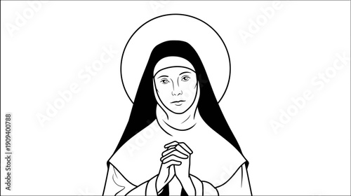 nun black and white illustration of mother of Jesus Maria isolated on white 