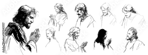 Jesus and his followers with the disciples hand drawn vector illustration God wisdom teacher 