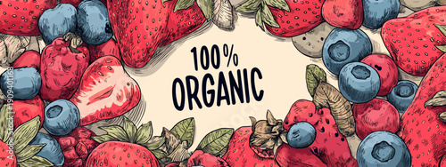 100% Organic banner for natural food market fruit and sportlifestyle fitness 